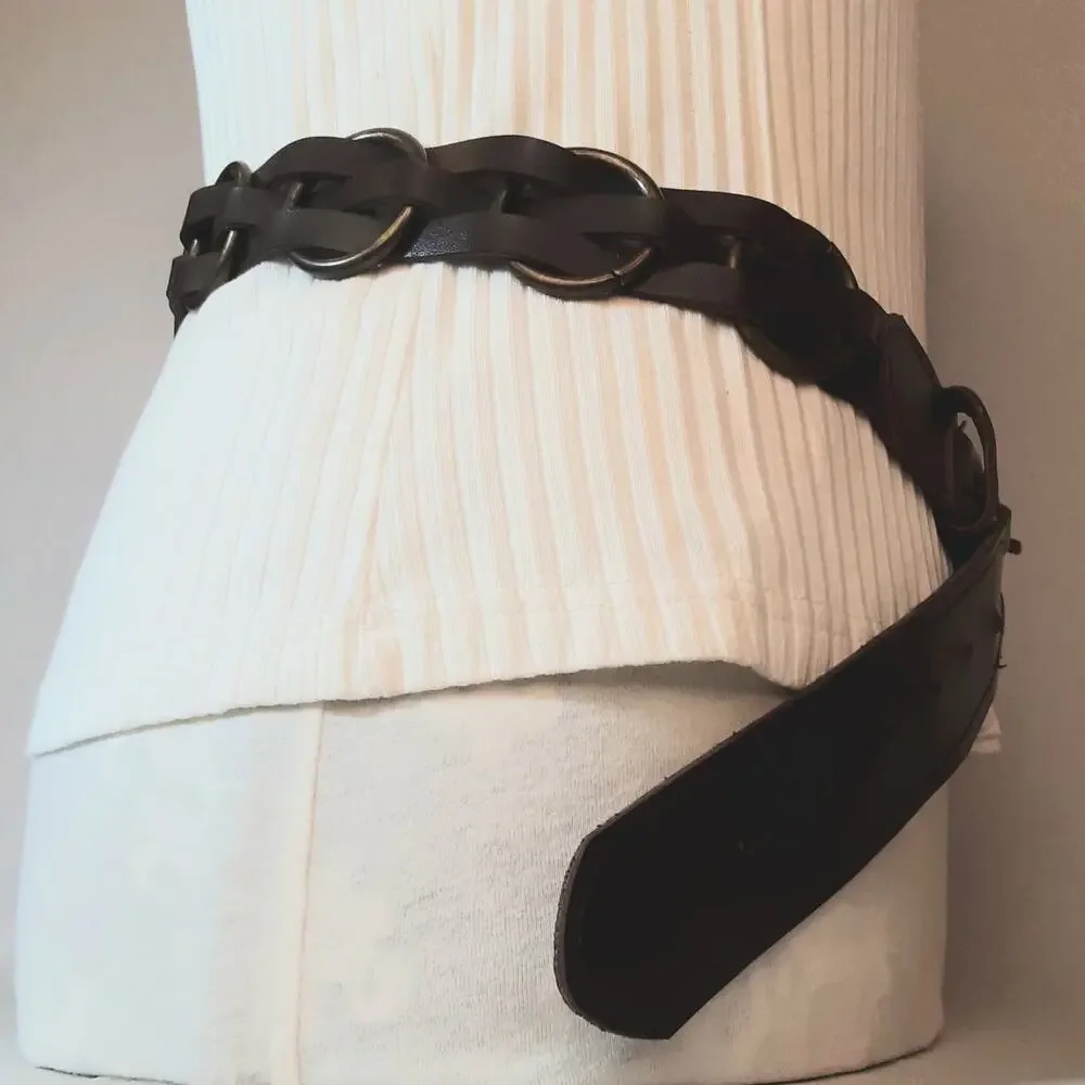 💎Unisex Dark Brown Faux Leather Belt L Antique Brass Rings Multi Strap Design